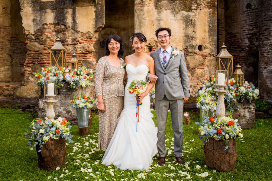 bride and her parents destination wedding at Convento de las Capuchinas Antigua, Guatemala.