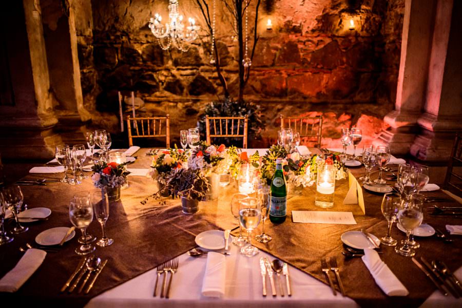 wedding table setting detail at reception at San Jose El Viejo in Antigua, Guatemala.