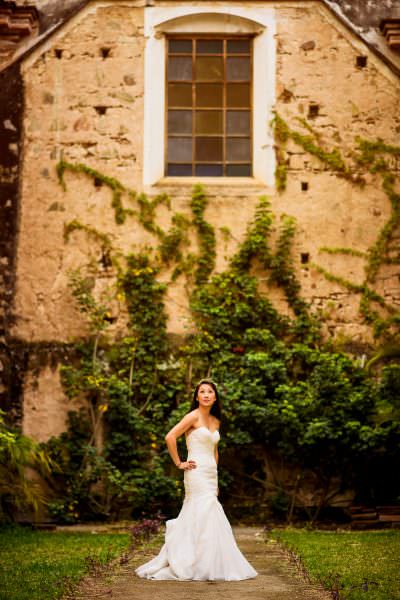 bridal portrait at destination wedding at Convento de las Capuchinas and reception at San Jose El Viejo in Antigua, Guatemala.