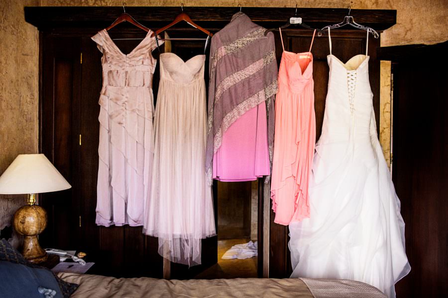bride and bridesmaid dresses destination wedding at Convento de las Capuchinas and reception at San Jose El Viejo in Antigua, Guatemala.