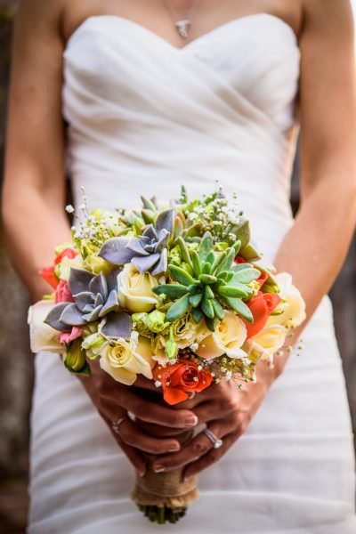 bridal flowers at wedding at Convento de las Capuchinas and reception at San Jose El Viejo in Antigua, Guatemala.