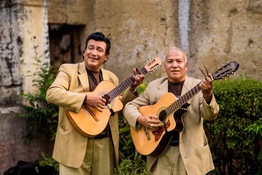 local musicians perform at ceremony at wedding at Convento de las Capuchinas in Antigua, Guatemala