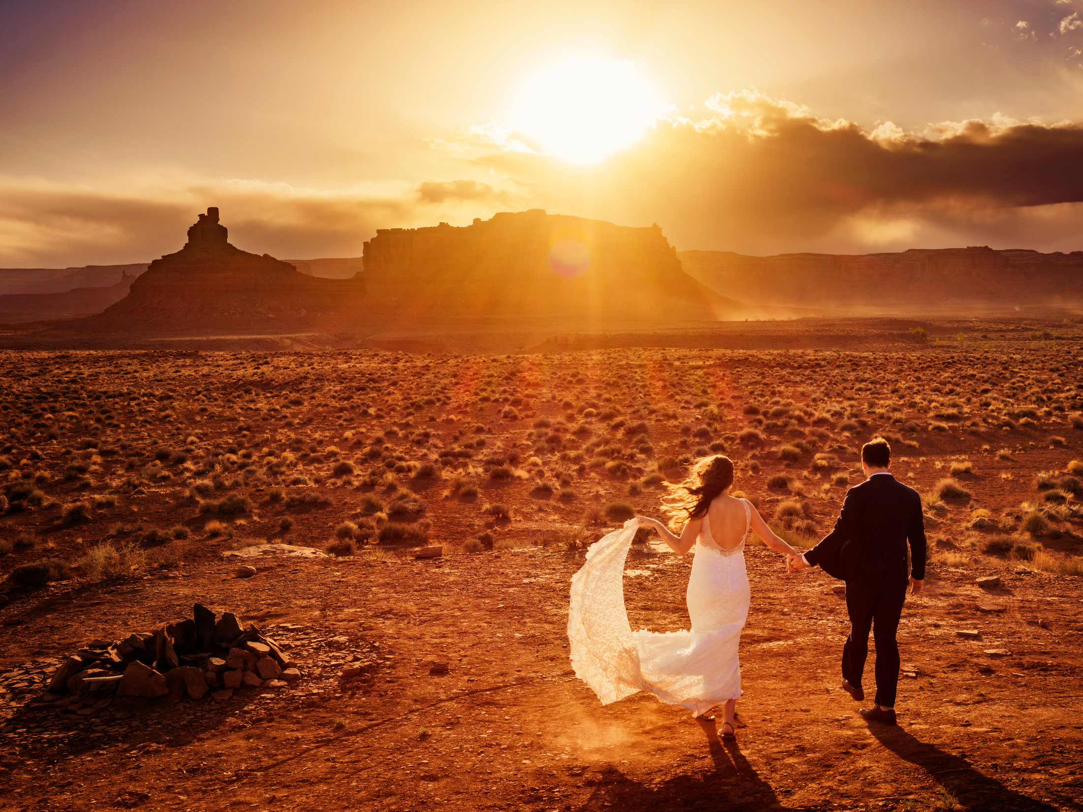 Bride groom portrait at sunset Arizona desert destination wedding