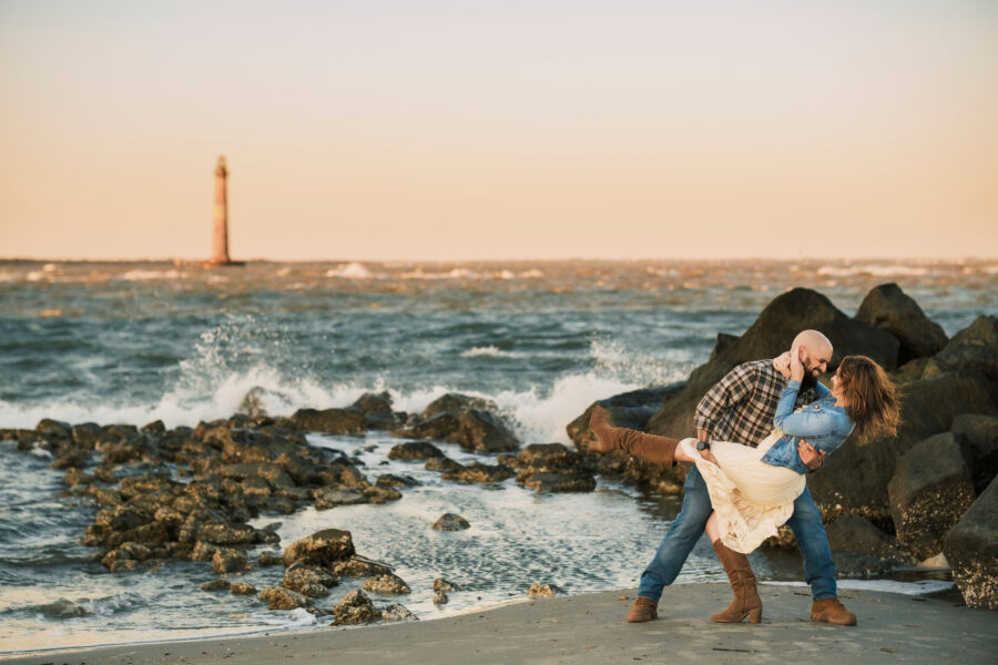 Folly Beach engagement photo with lighthouse